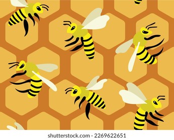 Yellow Honeycombs and Bees Textiles and Surface Design Seamless Repeat Pattern Design Eps Vector