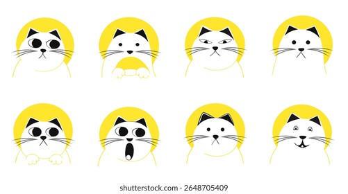 Yellow hoodie cats with various emotions and cute facial expressions in flat cartoon style, Vector Illustration


