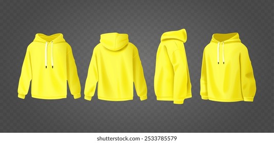 Yellow Hoodie Mockup On Transparent Background Showcasing Four Angles With Realistic Design For Apparel Presentations