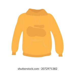 Yellow hoodie sticker. Seasonal clothing, autumn, rainy weather. Sports activities, modern style, fashion, hipster. Comfortable and warm wear. Male and female. Cartoon flat vector illustration