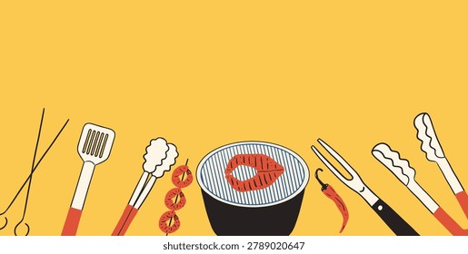 Yellow horisontal background with empty space and barbecue grill. Vector illustration	