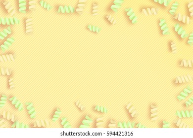 Yellow horizontal background with green and yellow confetti. Bright cute backdrop with confetti frame. Vector illustration for your graphic design.