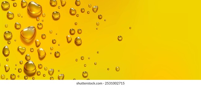 Fundo horizontal amarelo com bordas de gotículas de água. Ilustração vetorial 3d realista de superfície lisa de vidro com padrão de gotas de condensação. Limpar gel de umidade ou bordões de pulverização.