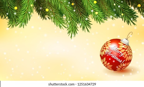 Yellow horizontal background for widescreen. Christmas fir branches with lights and a lying big bred ball with the inscription Merry Christmas
