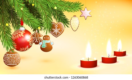 Yellow horizontal background for widescreen. Gingerbread and a ball on Christmas-tree branches and a burning candles
