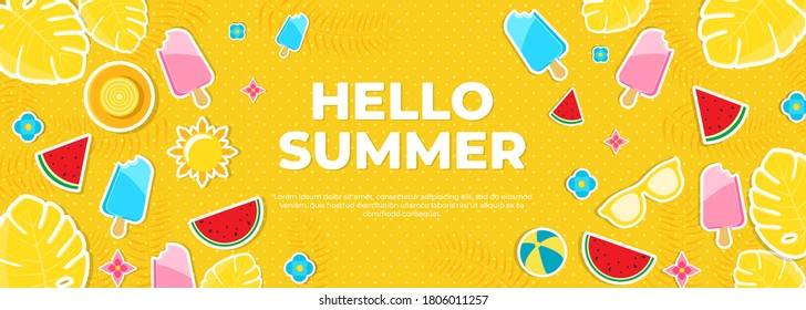 Yellow Horizontal banner for summer vacation. Vector Illustration. Summer Vacation Backgrounds, Place for Text. Flat Icons - sun, watermelon, flower, ice cream, ball, leaf, glasses and hat. paper cut 