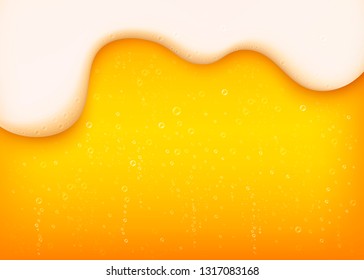 Yellow horizontal beer background with white foam and bubbles. Liquid alcohol background for pub and bar menu, banners and flyers. Beer with foam vector illustration in realistic style.