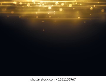 Yellow horizontal flare. Laser beams, horizontal light beams. Beautiful light flashes with dust. Glowing streaks of dust on a dark background. Bright abstract sparkling lined background.