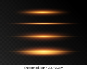 Yellow horizontal highlights. Laser beams, horizontal beams of light. Beautiful light flashes. Glowing stripes on a dark background.