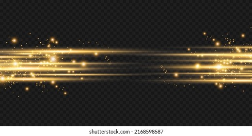 Yellow horizontal highlights. Laser beams, horizontal light beams. Beautiful light reflections. Glowing stripes on a dark background. Glowing abstract glitter background with lined.
