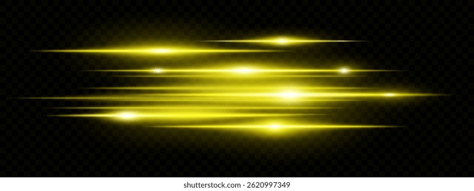 Yellow horizontal lens flare neon streaks on transparent background. Futuristic abstract beams ideal for technology interfaces, banners, digital projects. EPS vector illustration.