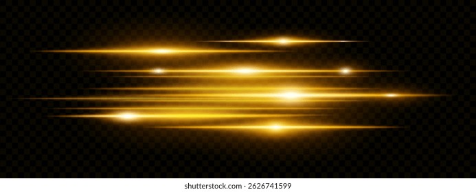 Yellow horizontal lens flare neon streaks on transparent background. Futuristic abstract beams ideal for technology interfaces, banners, digital projects. EPS vector illustration.