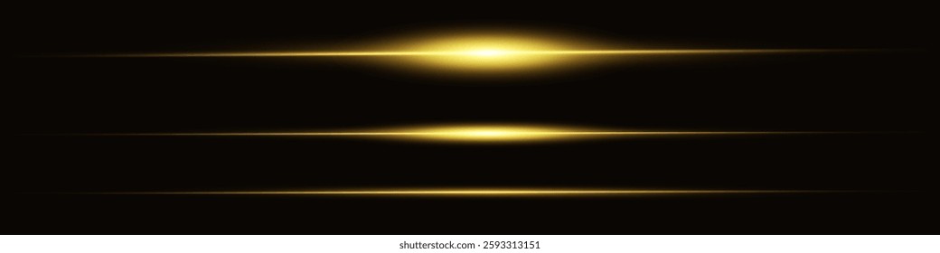 Yellow horizontal lens flares. Laser beams, horizontal light rays. Glowing streaks on dark background. Suitable for your design