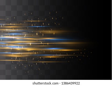 Yellow horizontal lens flares pack. Laser beams, horizontal light rays.Beautiful light flares. Glowing streaks on dark background. Luminous abstract sparkling lined background.
