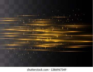 Yellow horizontal lens flares pack. Laser beams, horizontal light rays.Beautiful light flares. Glowing streaks on dark background. Luminous abstract sparkling lined background.
