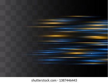 Yellow horizontal lens flares pack. Laser beams, horizontal light rays.Beautiful light flares. Glowing streaks on dark background. Luminous abstract sparkling lined background.