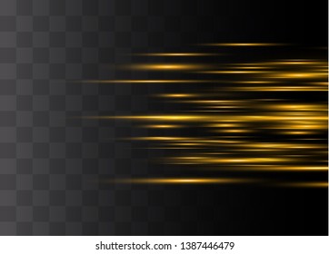 Yellow horizontal lens flares pack. Laser beams, horizontal light rays.Beautiful light flares. Glowing streaks on dark background. Luminous abstract sparkling lined background.