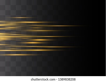 Yellow horizontal lens flares pack. Laser beams, horizontal light rays.Beautiful light flares. Glowing streaks on dark background. Luminous abstract sparkling lined background.