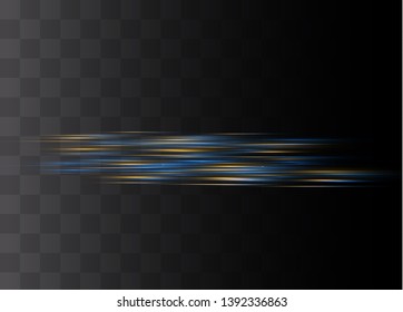 Yellow horizontal lens flares pack. Laser beams, horizontal light rays.Beautiful light flares. Glowing streaks on dark background. Luminous abstract sparkling lined background.