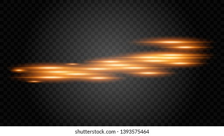 Yellow horizontal lens flares pack. Laser beams, horizontal light rays.Beautiful light flares. Glowing streaks on dark background. Luminous abstract sparkling lined background. 