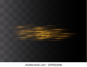 Yellow horizontal lens flares pack. Laser beams, horizontal light rays.Beautiful light flares. Glowing streaks on dark background. Luminous abstract sparkling lined background.