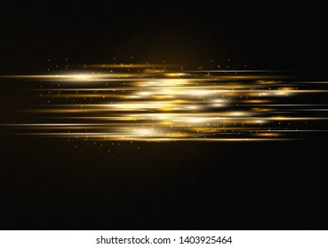 Yellow horizontal lens flares pack. Laser beams, horizontal light rays.Beautiful light flares. Glowing streaks on dark background. Luminous abstract sparkling lined background.