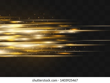 Yellow horizontal lens flares pack. Laser beams, horizontal light rays.Beautiful light flares. Glowing streaks on dark background. Luminous abstract sparkling lined background.