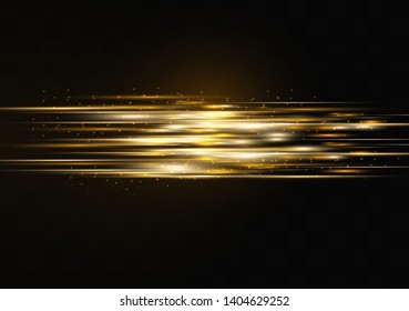 Yellow horizontal lens flares pack. Laser beams, horizontal light rays.Beautiful light flares. Glowing streaks on dark background. Luminous abstract sparkling lined background.