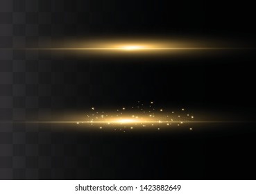yellow horizontal lens flares pack. Laser beams, horizontal light rays.Beautiful light flares. Glowing streaks on dark background. Luminous abstract sparkling lined background.