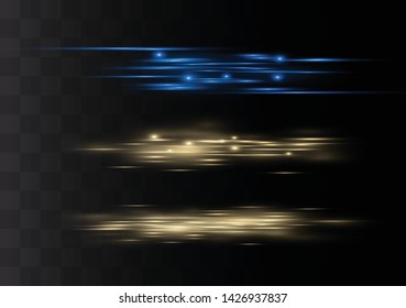 yellow horizontal lens flares pack. Laser beams, horizontal light rays.Beautiful light flares. Glowing streaks on dark background. Luminous abstract sparkling lined background.