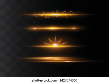 yellow horizontal lens flares pack. Laser beams, horizontal light rays.Beautiful light flares. Glowing streaks on dark background. Luminous abstract sparkling lined background.