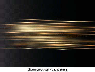 yellow horizontal lens flares pack. Laser beams, horizontal light rays.Beautiful light flares. Glowing streaks on dark background. Luminous abstract sparkling lined background.