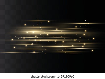 yellow horizontal lens flares pack. Laser beams, horizontal light rays.Beautiful light flares. Glowing streaks on dark background. Luminous abstract sparkling lined background.
