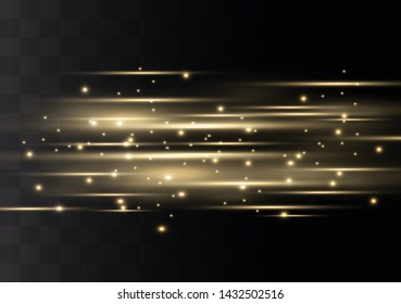 yellow horizontal lens flares pack. Laser beams, horizontal light rays.Beautiful light flares. Glowing streaks on dark background. Luminous abstract sparkling lined background.