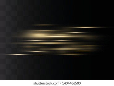 yellow horizontal lens flares pack. Laser beams, horizontal light rays.Beautiful light flares. Glowing streaks on dark background. Luminous abstract sparkling lined background.