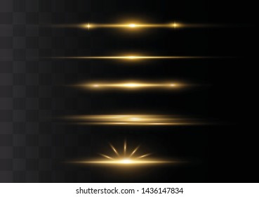 yellow horizontal lens flares pack. Laser beams, horizontal light rays.Beautiful light flares. Glowing streaks on dark background. Luminous abstract sparkling lined background.