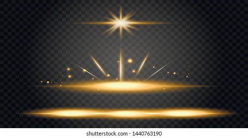 yellow horizontal lens flares pack. Laser beams, horizontal light rays.Beautiful light flares. Glowing streaks on dark background. Luminous abstract sparkling lined background.