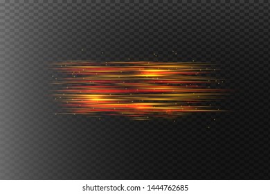 Yellow horizontal lens flares pack. Laser beams, horizontal light rays.Beautiful light flares. Glowing streaks on dark background. Luminous abstract sparkling lined background. 