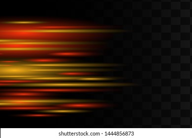 Yellow horizontal lens flares pack. Laser beams, horizontal light rays.Beautiful light flares. Glowing streaks on dark background. Luminous abstract sparkling lined background. 