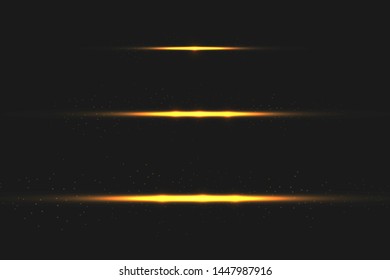yellow horizontal lens flares pack. Laser beams, horizontal light rays.Beautiful light flares. Glowing streaks on dark background. 