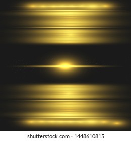 yellow horizontal lens flares pack. Laser beams, horizontal light rays.Beautiful light flares. Glowing streaks on dark background. 