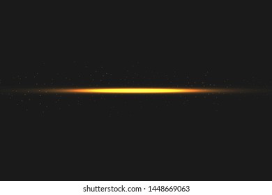 yellow horizontal lens flares pack. Laser beams, horizontal light rays.Beautiful light flares. Glowing streaks on dark background. 