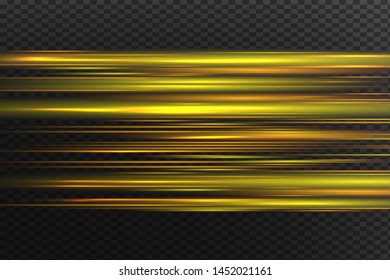 yellow horizontal lens flares pack. Laser beams, horizontal light rays.Beautiful light flares. Glowing streaks on dark background. Luminous abstract sparkling lined background.