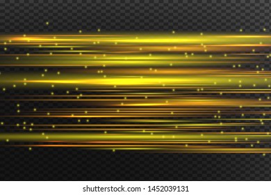 yellow horizontal lens flares pack. Laser beams, horizontal light rays.Beautiful light flares. Glowing streaks on dark background. Luminous abstract sparkling lined background.