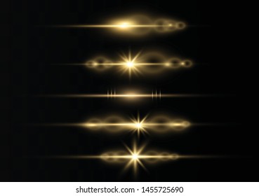 yellow horizontal lens flares pack. Laser beams, horizontal light rays.Beautiful light flares. Glowing streaks on dark background. Luminous abstract sparkling lined background.
