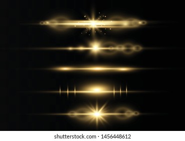 yellow horizontal lens flares pack. Laser beams, horizontal light rays.Beautiful light flares. Glowing streaks on dark background. Luminous abstract sparkling lined background.
