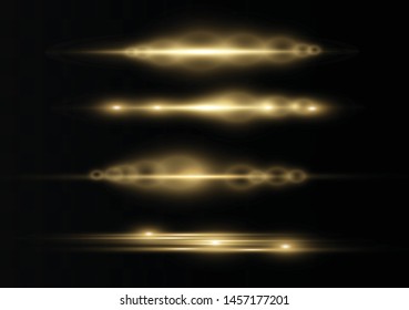 yellow horizontal lens flares pack. Laser beams, horizontal light rays.Beautiful light flares. Glowing streaks on dark background. Luminous abstract sparkling lined background.