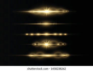 yellow horizontal lens flares pack. Laser beams, horizontal light rays.Beautiful light flares. Glowing streaks on dark background. Luminous abstract sparkling lined background.