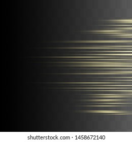 Yellow horizontal lens flares pack. Laser beams, horizontal light rays.Beautiful light flares. Glowing streaks on dark background. Luminous abstract sparkling lined background.