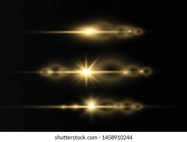 yellow horizontal lens flares pack. Laser beams, horizontal light rays.Beautiful light flares. Glowing streaks on dark background. Luminous abstract sparkling lined background.